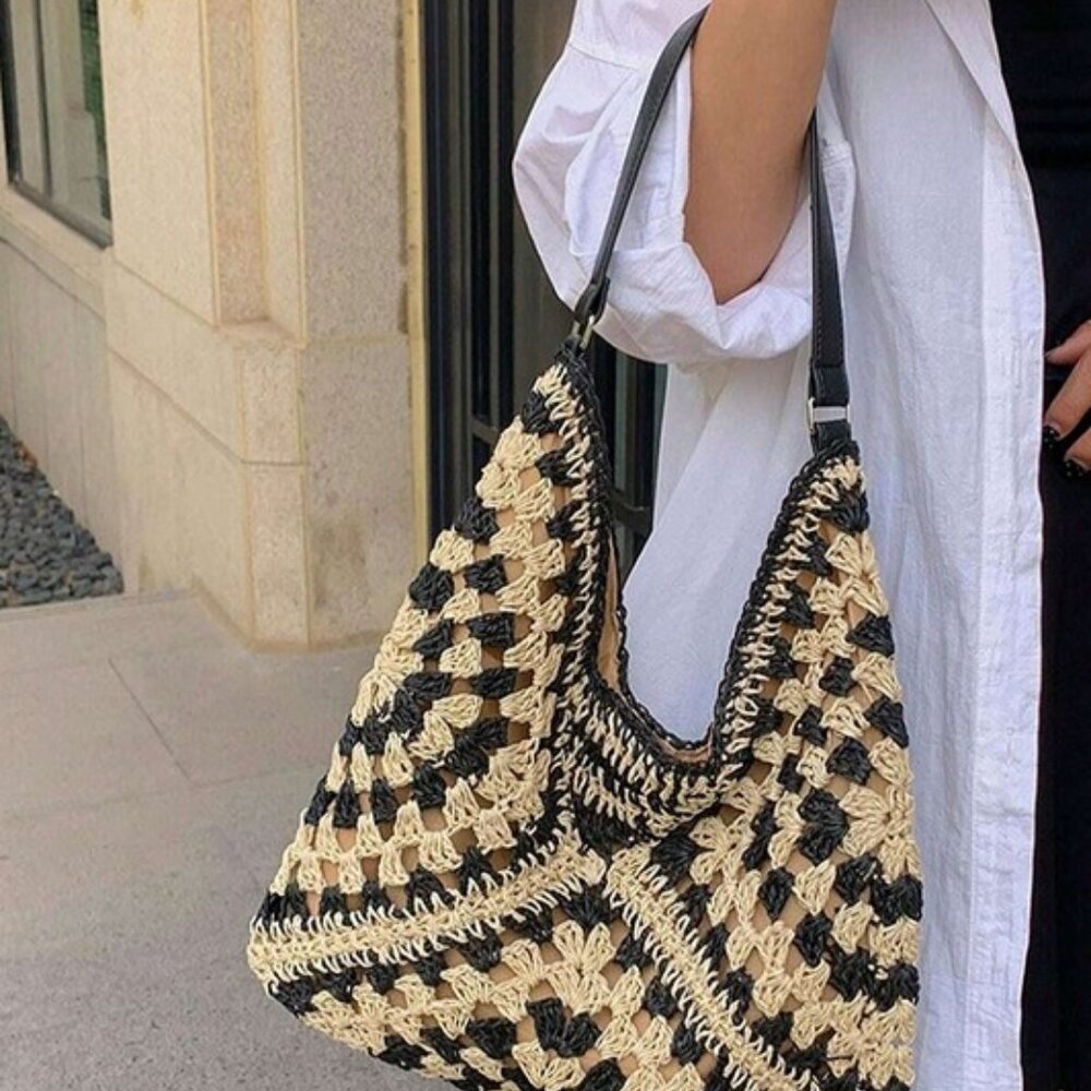 Vintage Woven Straw Crochet Bucket Shoulder Bag Black - Picture 3 of 4